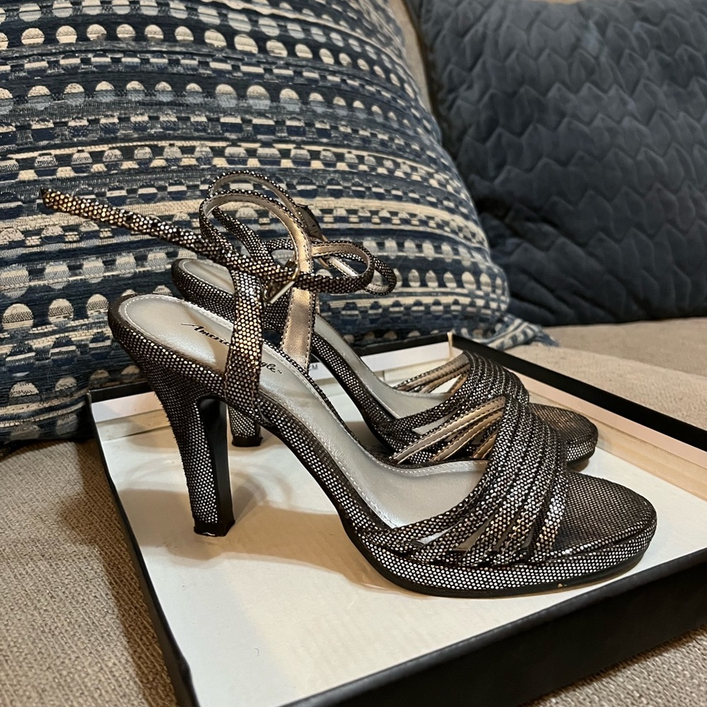 Silver/black heels, size 6.5